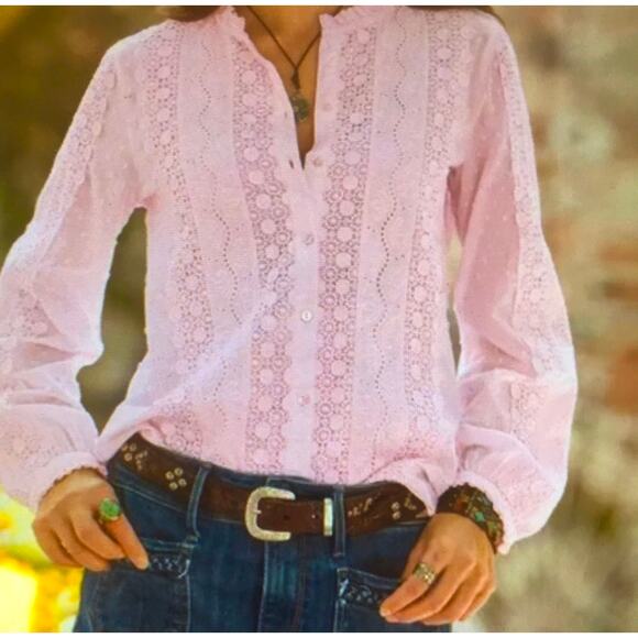 Sundance Mirabelle Eyelet Crochet Dotted Embroidered Button Down Top, size M - Picture 1 of 9